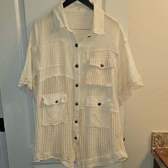 POL Rare Cream Patchwork Textured Oversized Shacket / Top, S, Boho, Ethereal - Picture 2 of 9